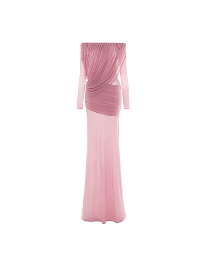 Apolline Drapeli Abiye Maxi Elbise-Pembe