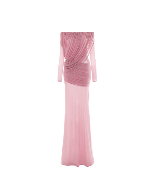 Apolline Drapeli Abiye Maxi Elbise-Pembe