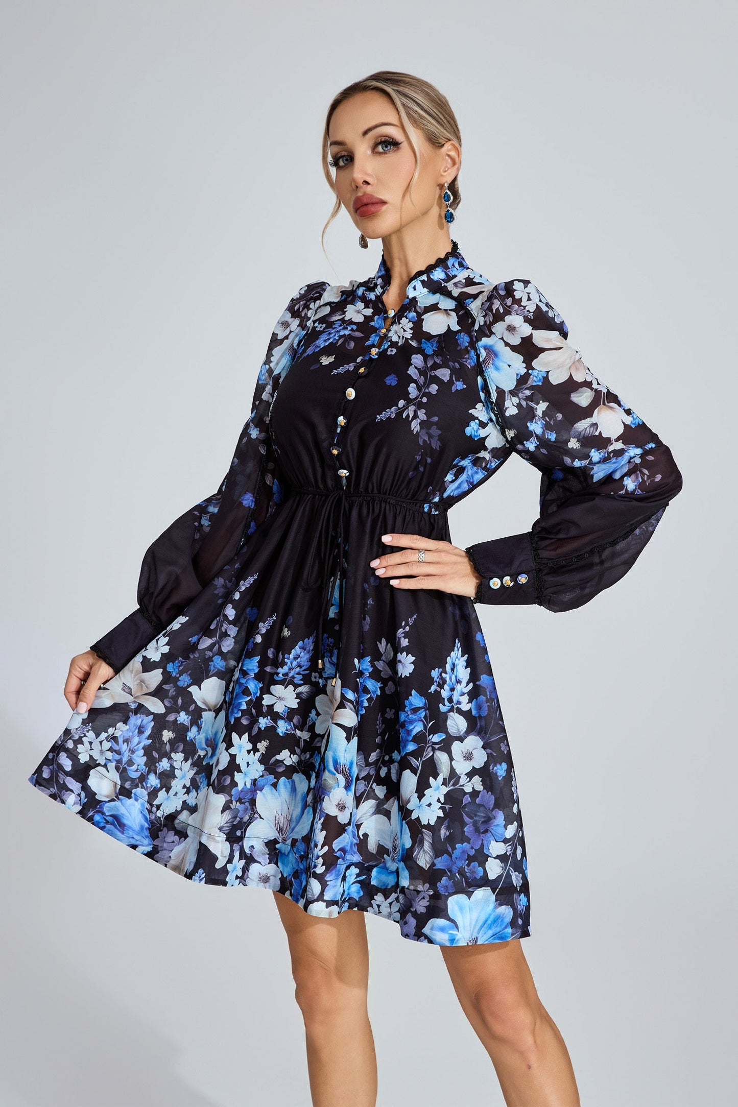 Lucienne Mavi Çiçekli Mini Elbise