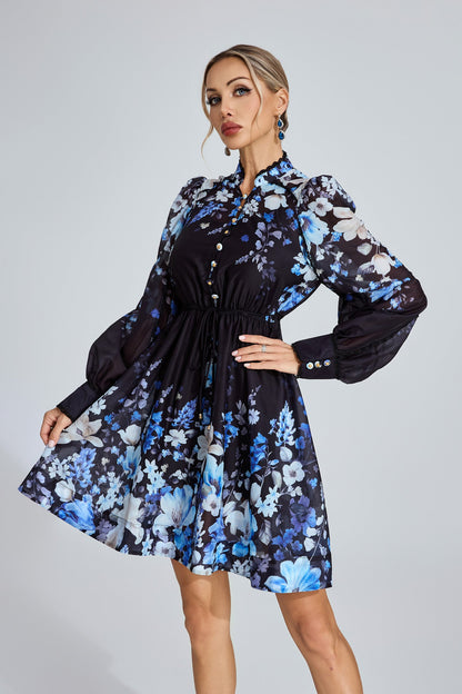Lucienne Mavi Çiçekli Mini Elbise