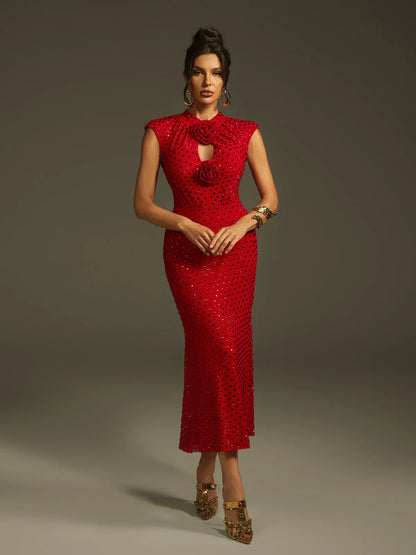Czerwona kryształowa sukienka midi Rose
