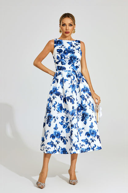 Azure Blossom A-Line Midi Elbise