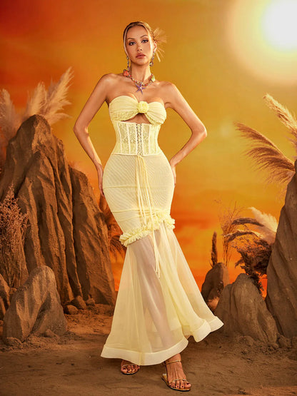 Sarı Korse Tül Maxi Elbise