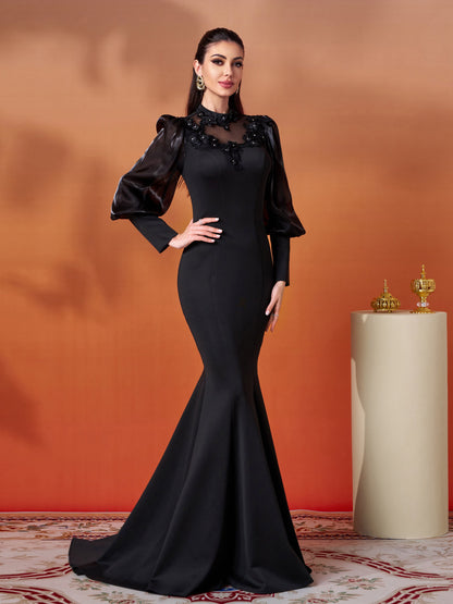 Sukienka Virgie Maxi z bufiastymi rękawami i wysokim kołnierzem