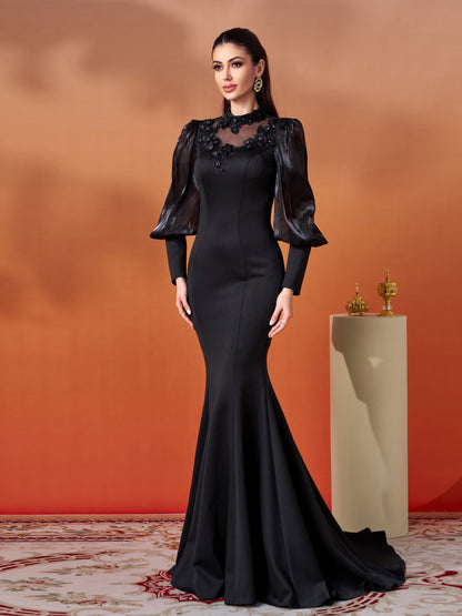 Sukienka Virgie Maxi z bufiastymi rękawami i wysokim kołnierzem