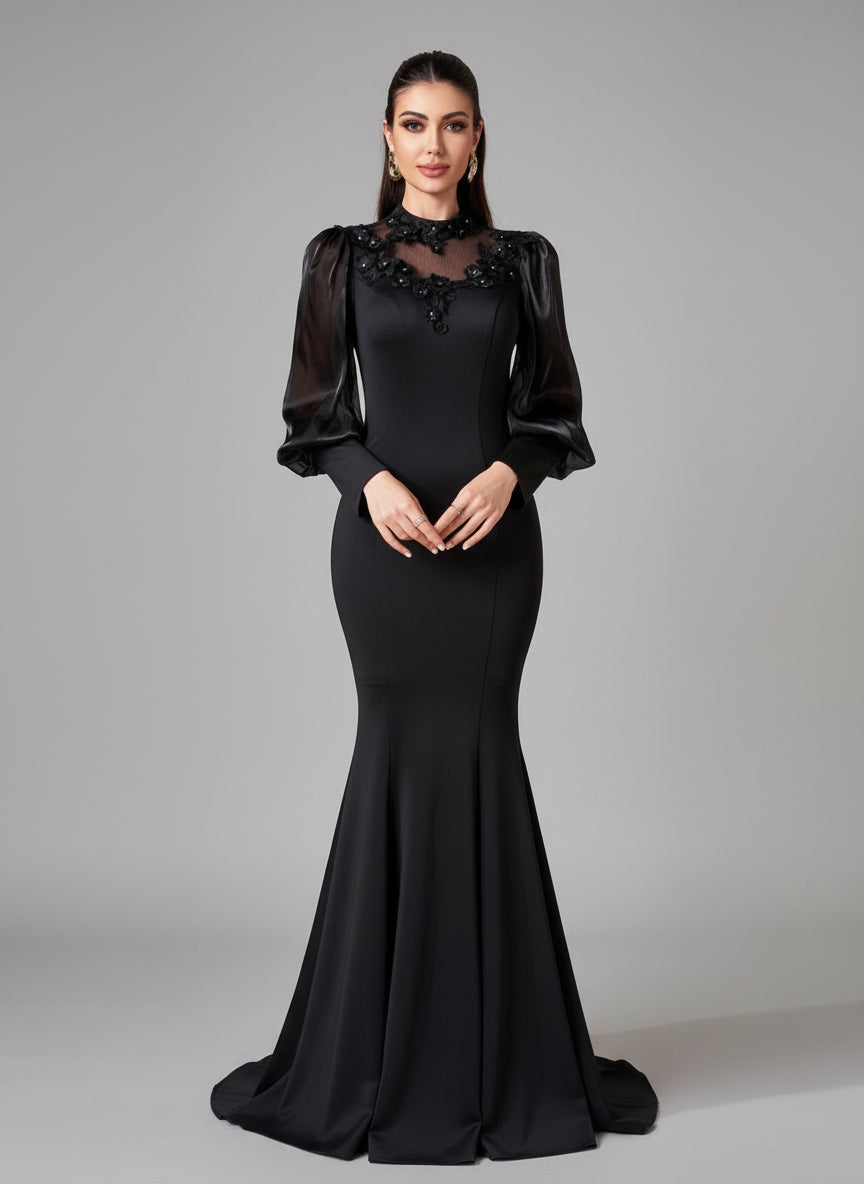 Sukienka Virgie Maxi z bufiastymi rękawami i wysokim kołnierzem