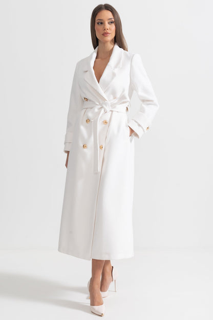 Geniş Yaka Tasarımlı Zarif Uzun Kaban – Beyaz