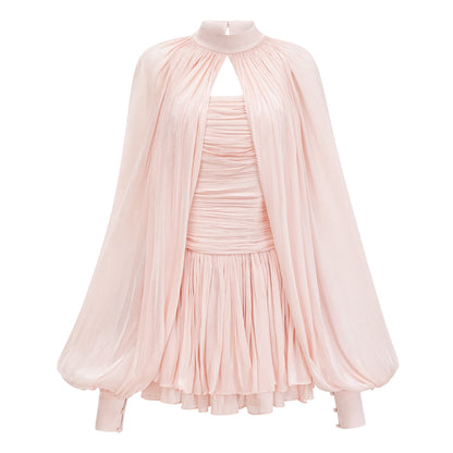 Bernice Pembe Parlak Pelerinli Mini Elbise