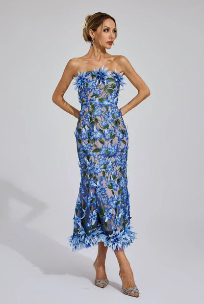 Rosalia 3D Çiçek  Dantel Midi Elbise