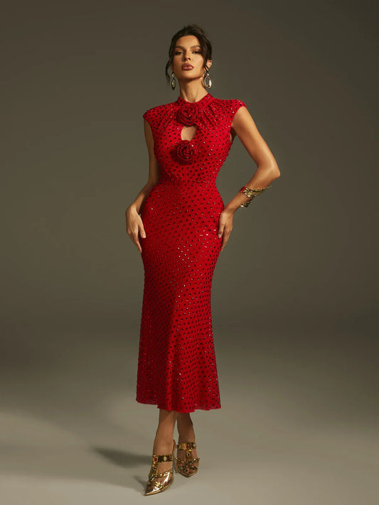 Kırmızı Kristal Gül Midi Elbise