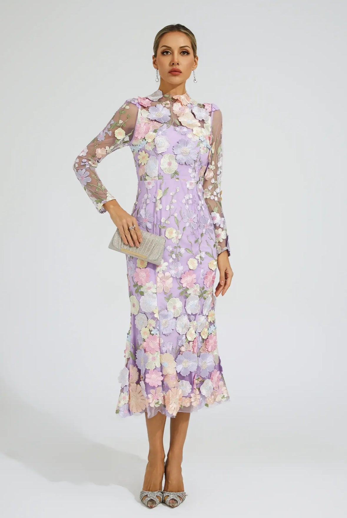Mor Çiçek İşlemeli Midi Elbise