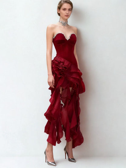 Belle Fırfırlı Kristal Maxi Elbise