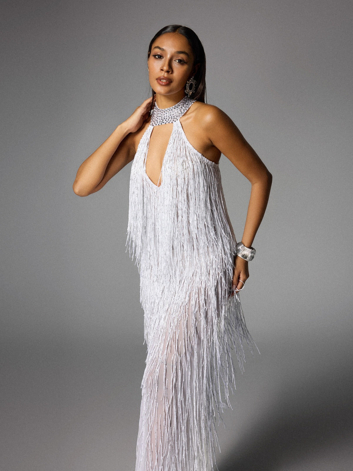 Elvrik Halterneck Fringe Cutout Split Maxi Elbise