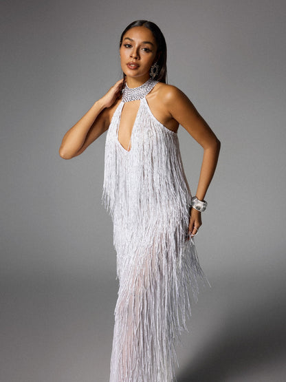 Elvrik Halterneck Fringe Cutout Split Maxi Elbise