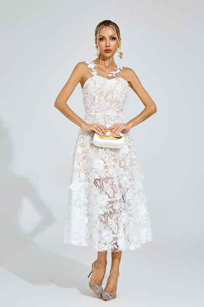 Amélie Beyaz Çiçekli Dantel Midi Elbise