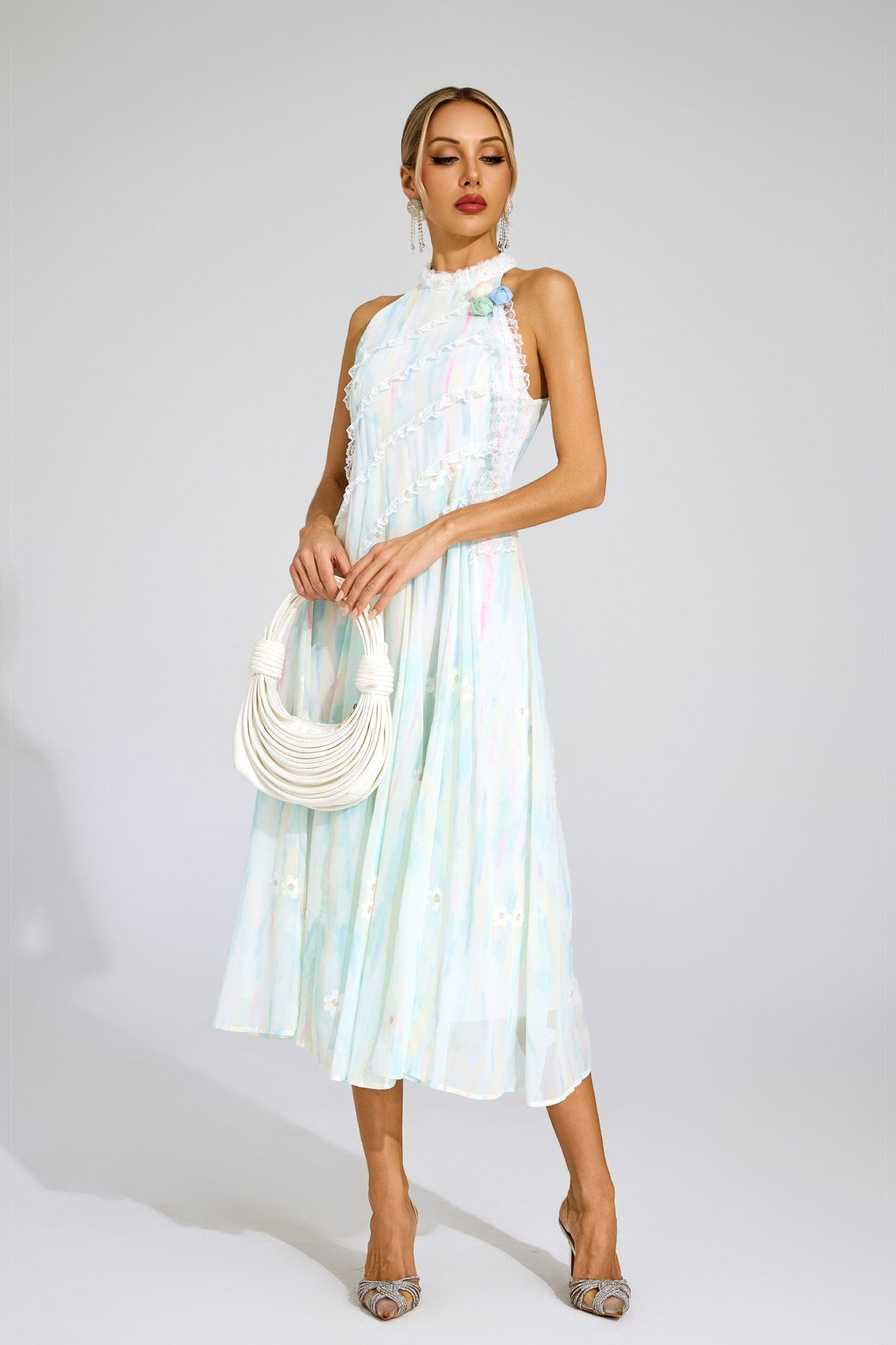 Celeste Pastel Dantel Midi Elbise