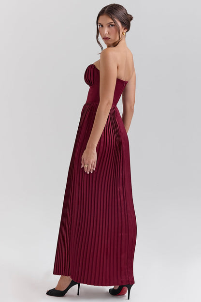 Céleste Pileli Bustier Maxi Elbise - Bordo