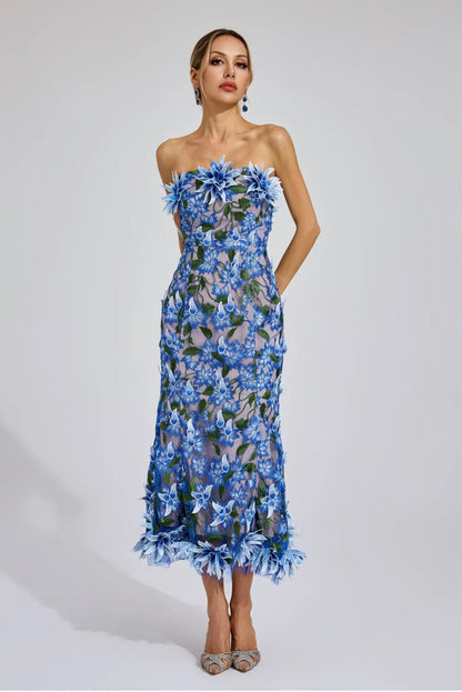 Rosalia 3D Çiçek  Dantel Midi Elbise