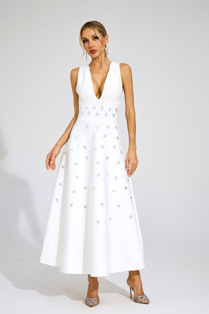Sukienka maxi Céleste White Crystal Embellished