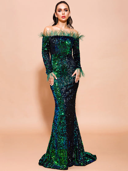 Hesper Omuzsuz Tüy Payetli Abiye Maxi Elbise