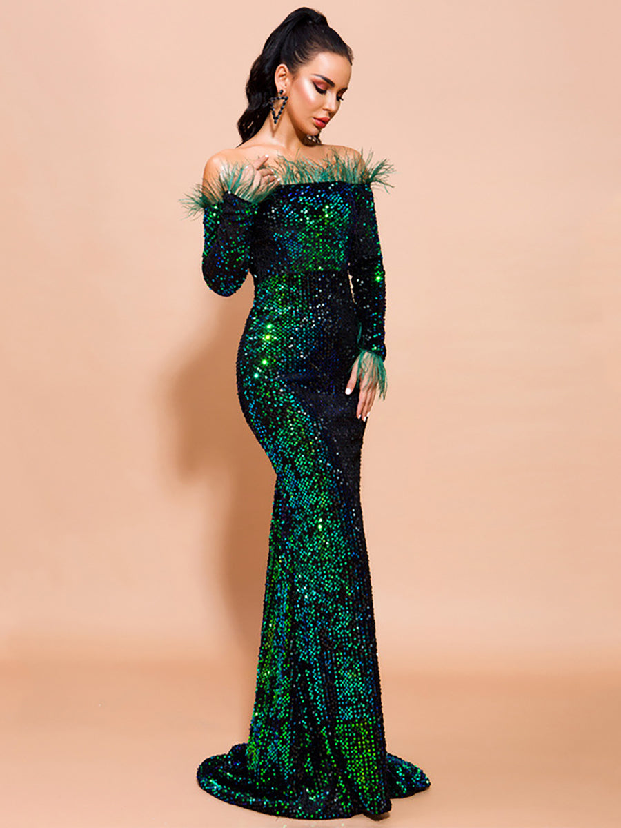 Hesper Omuzsuz Tüy Payetli Abiye Maxi Elbise