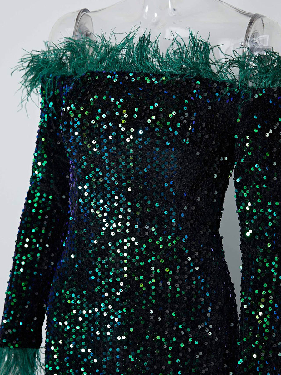 Hesper Omuzsuz Tüy Payetli Abiye Maxi Elbise