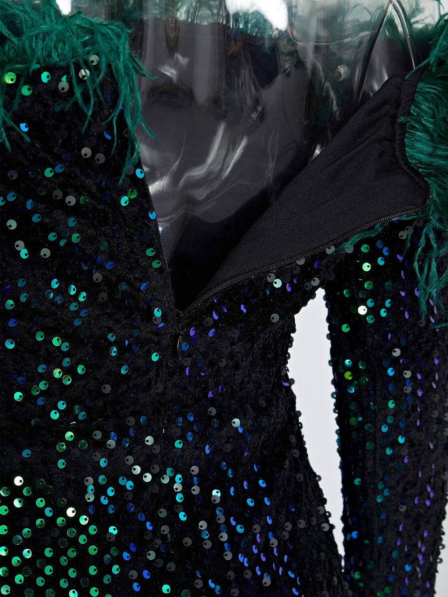 Hesper Omuzsuz Tüy Payetli Abiye Maxi Elbise