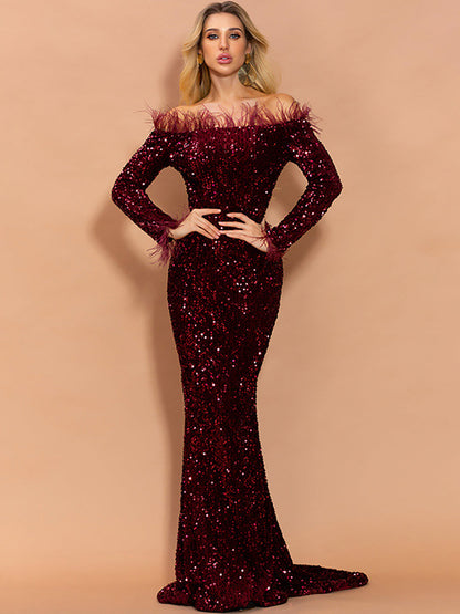 Iolanthe Omuzsuz Tüy Payetli Maxi Elbise