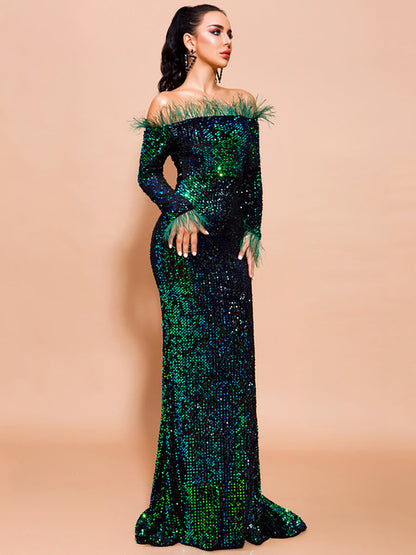 Hesper Omuzsuz Tüy Payetli Abiye Maxi Elbise