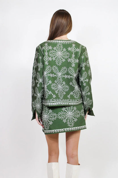 Soyut Baskılı Ceket Mini Etek Takım