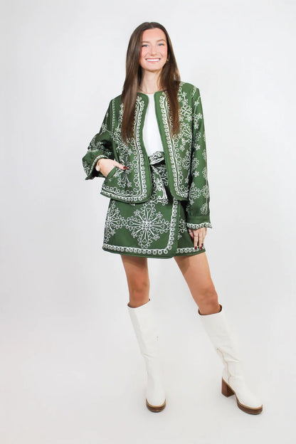 Soyut Baskılı Ceket Mini Etek Takım