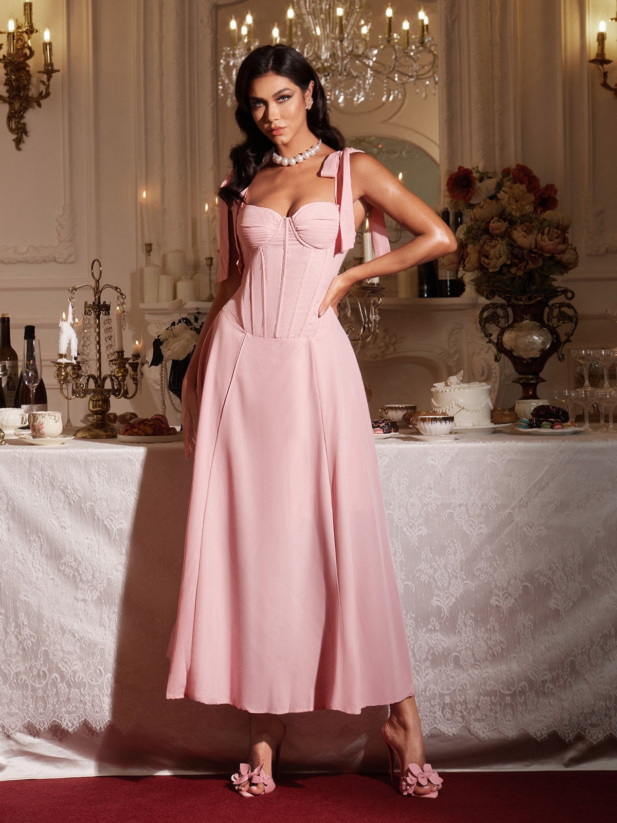 Filadelfo Kolsuz Korseli Bağcıklı Maxi Elbise