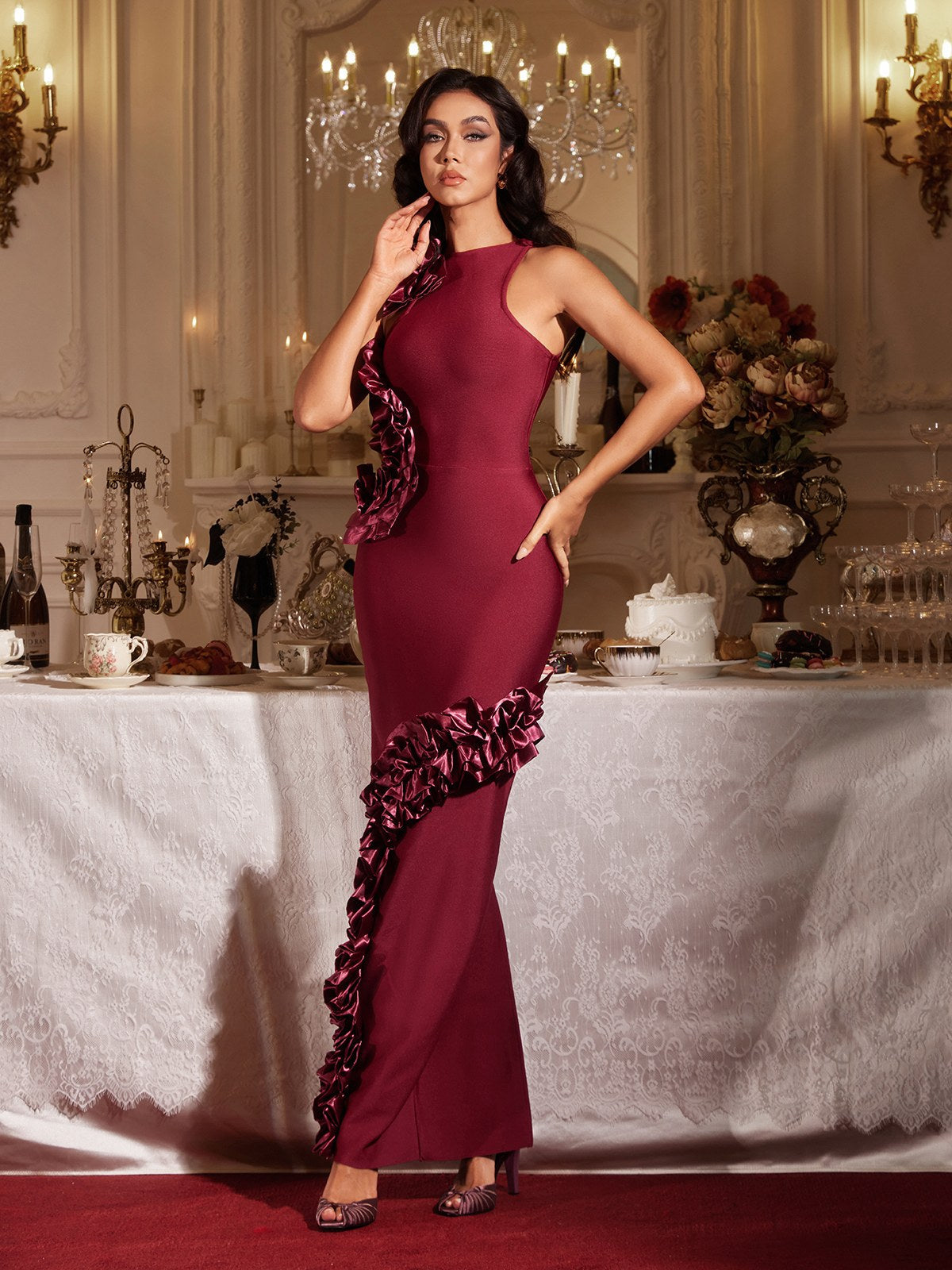 Filipe Kolsuz Fırfırlı Bandajlı Maxi Elbise