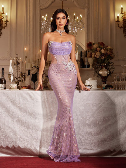 Filomena Straplez Çiçek Rhinestone Mesh Maxi Elbise