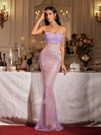 Filomena Straplez Çiçek Rhinestone Mesh Maxi Elbise