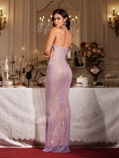 Filomena Straplez Çiçek Rhinestone Mesh Maxi Elbise