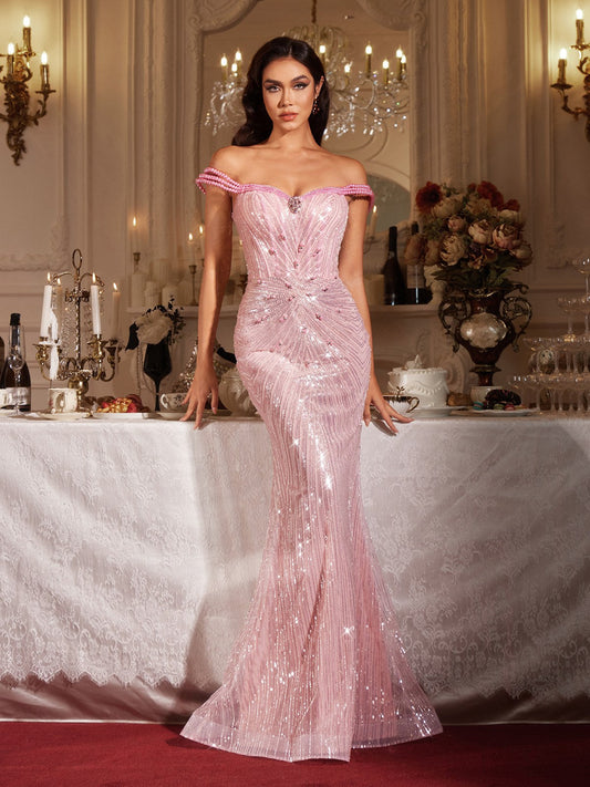 Findlay Omuzsuz İnci Payetli Maxi Elbise