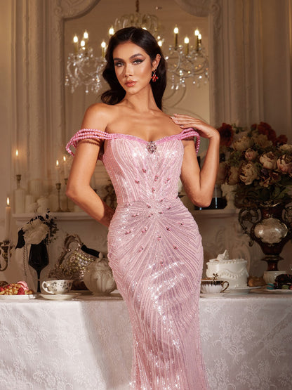 Sukienka Findlay z odkrytymi ramionami i perłowymi cekinami