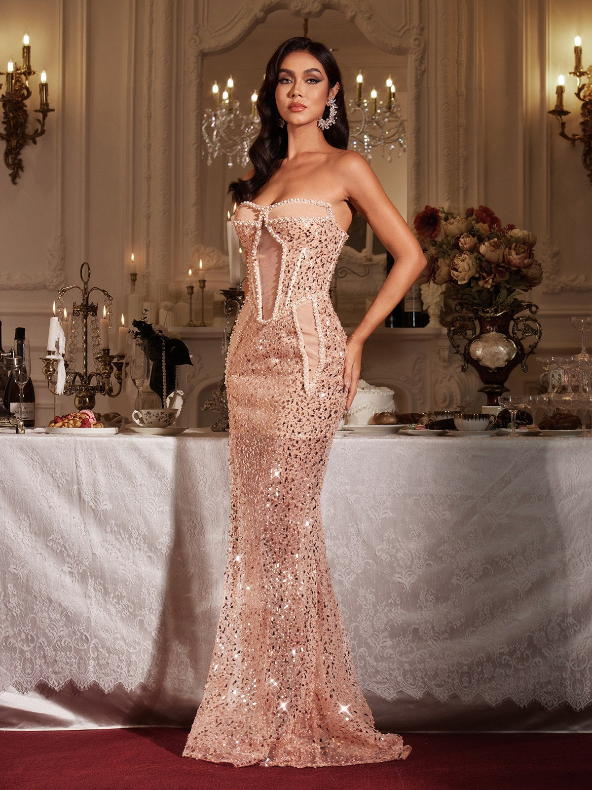 Fionnbarra Straplez İnci Payetli Maxi Elbise