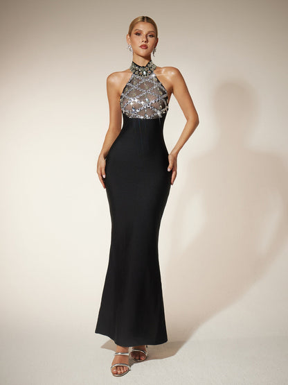 Firnix Kristal Payetli Bandaj Maxi Elbise