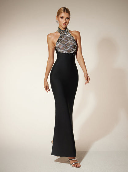 Firnix Kristal Payetli Bandaj Maxi Elbise