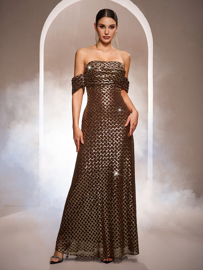 Kahverengi Kareli Payetli Omuzları Açık A Kesim Maxi Abiye Elbise