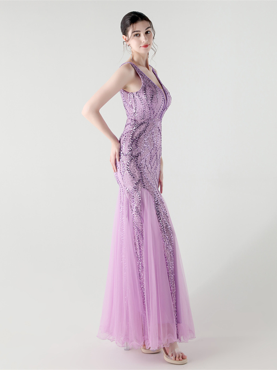 Indigo Payetli File Kolsuz Maxi Elbise