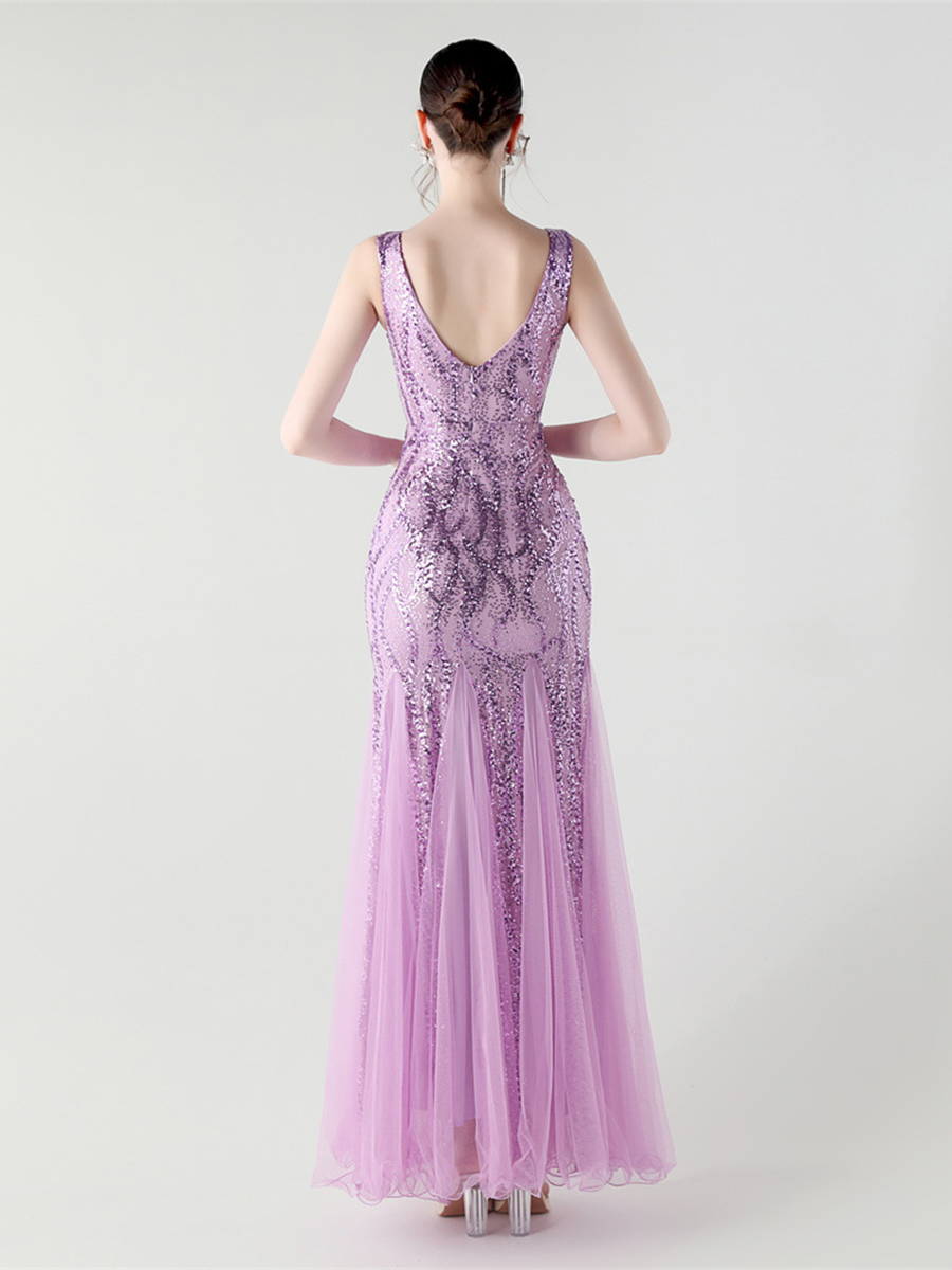 Indigo Payetli File Kolsuz Maxi Elbise