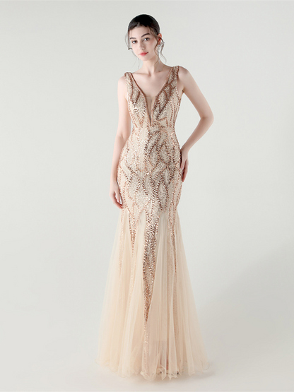 Indigo Payetli File Kolsuz Maxi Elbise