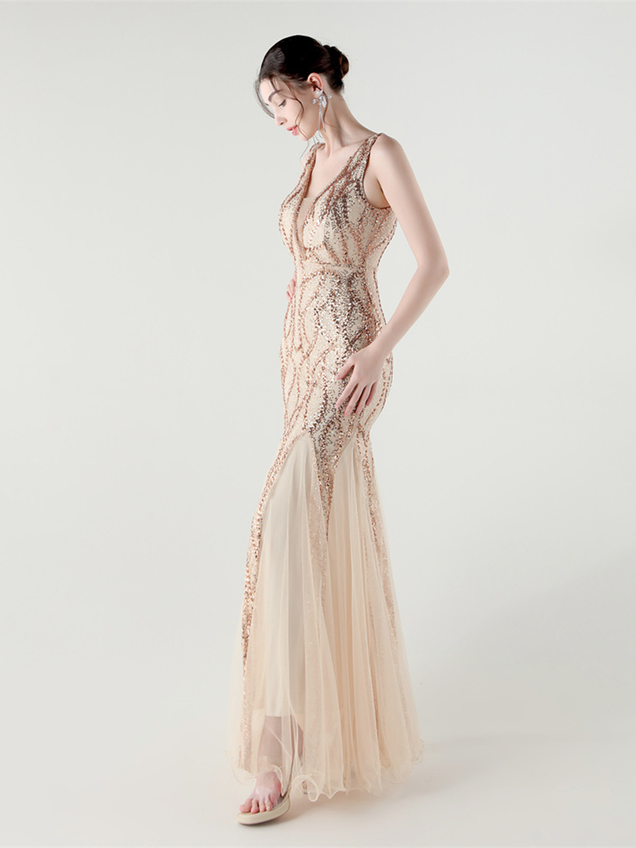 Indigo Payetli File Kolsuz Maxi Elbise