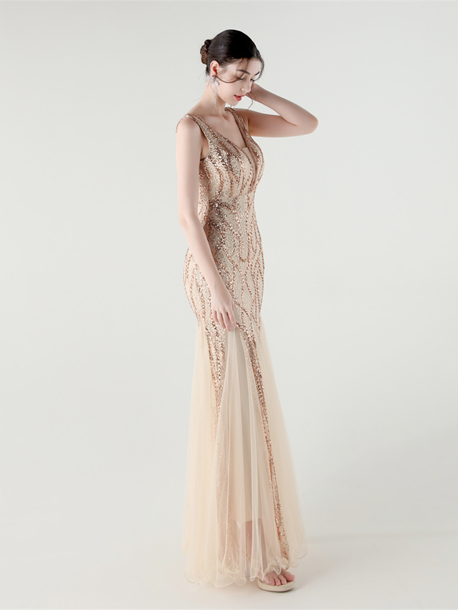 Indigo Payetli File Kolsuz Maxi Elbise