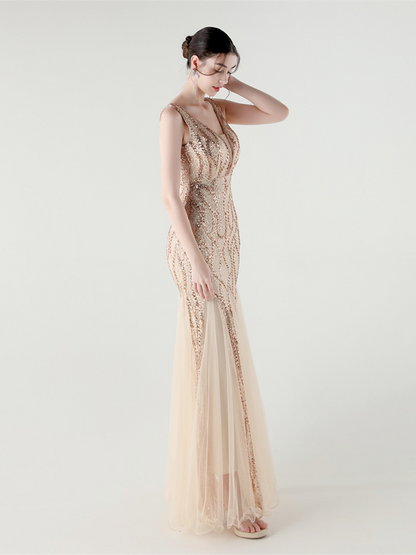 Indigo Payetli File Kolsuz Maxi Elbise