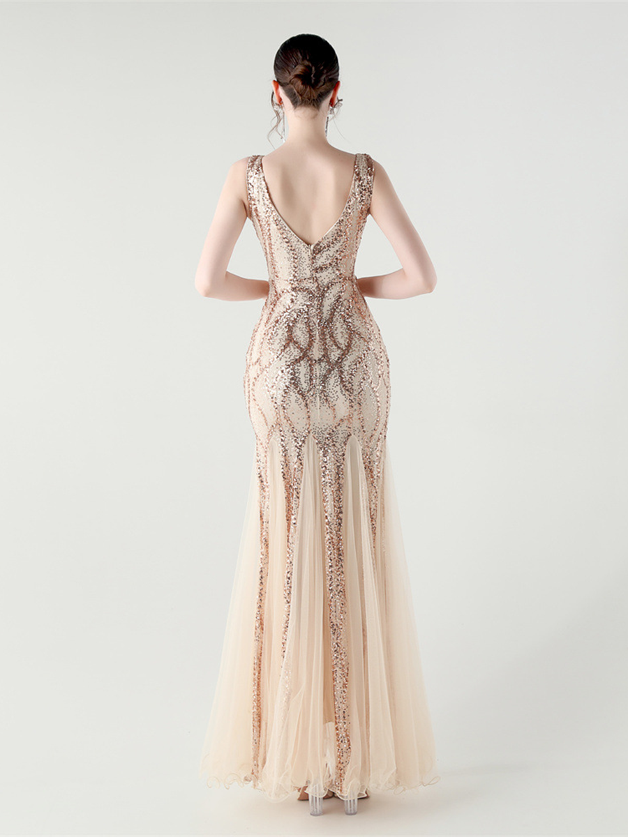 Indigo Payetli File Kolsuz Maxi Elbise