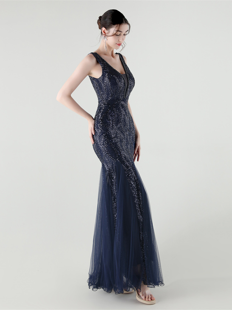 Indigo Payetli File Kolsuz Maxi Elbise